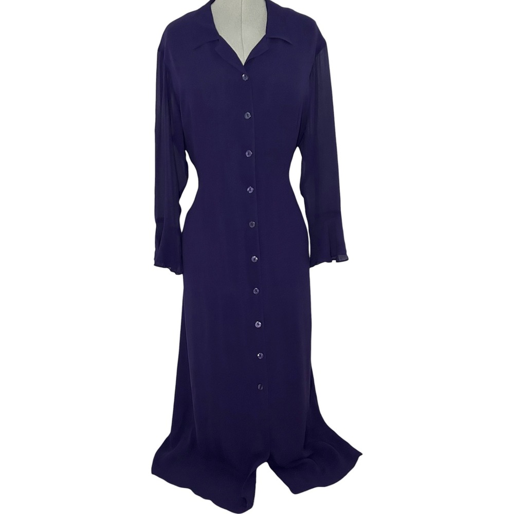 Vintage Carol Anderson II Purple Silk Maxi Dress Button Front Ruffle Cuff 20